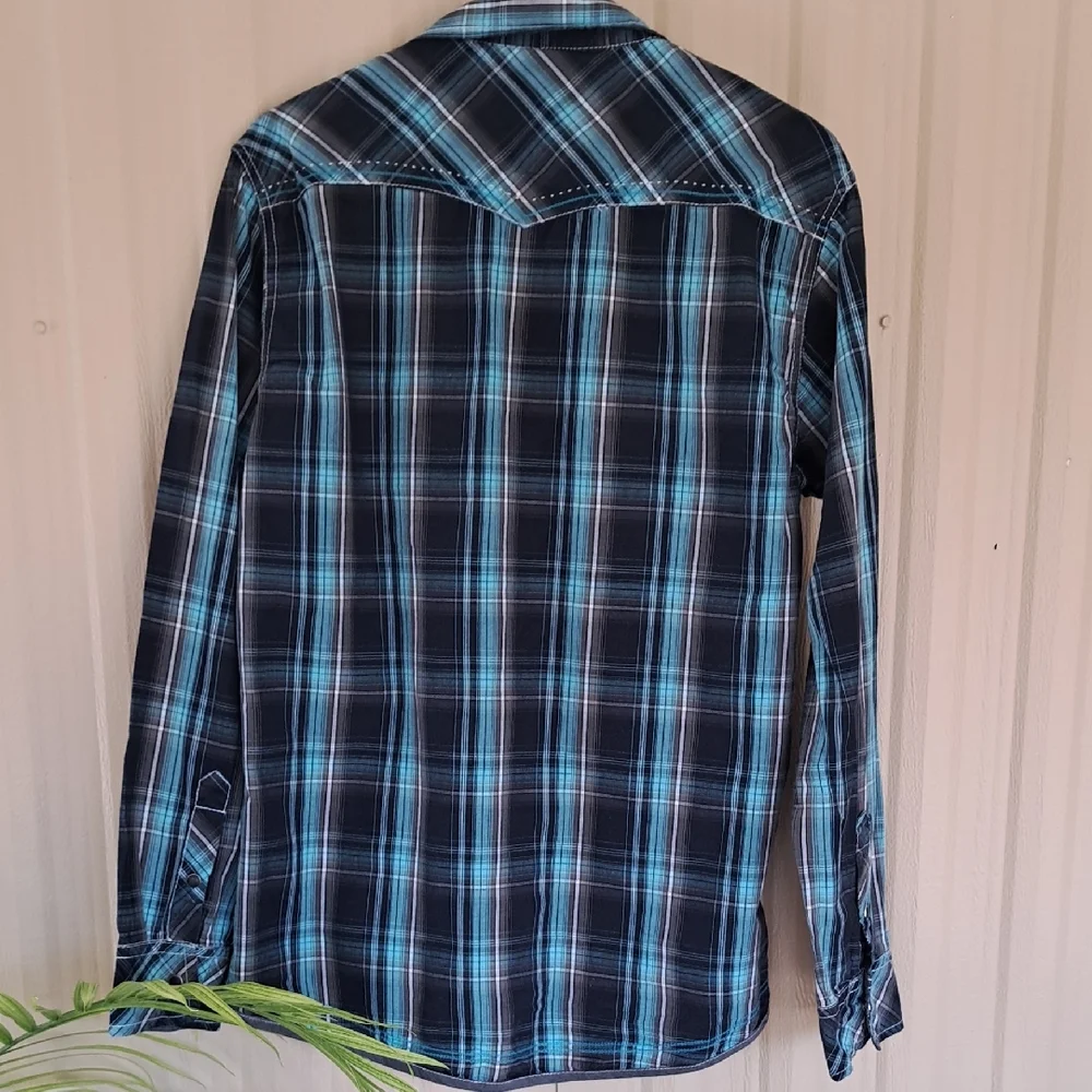 BKE Men's Teal and Black Plaid Button Down Shirt.  Size Large. - Picture 9 of 13